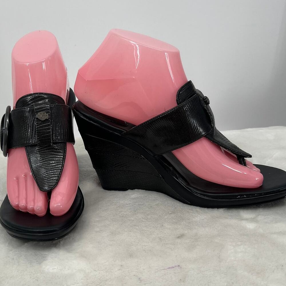 HARLEY-DAVIDSON Woman's Reptile Embossed Black Leather Wedge Sandals 8